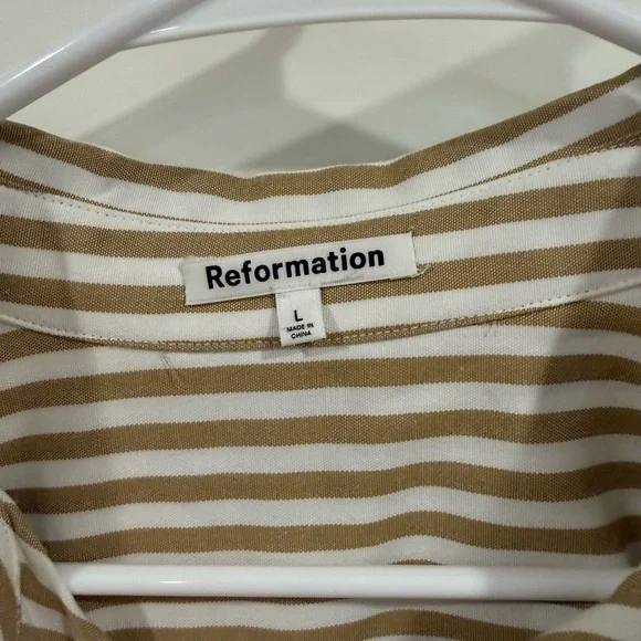 Reformation Tan & White Vertical Stripe Button-Down Shirt - Picture 2 of 4